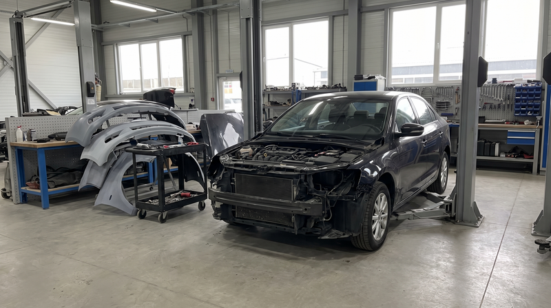Car ready for crash repair with new panels