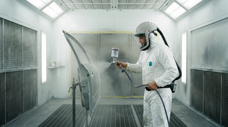 Spraying two pack paint in a booth